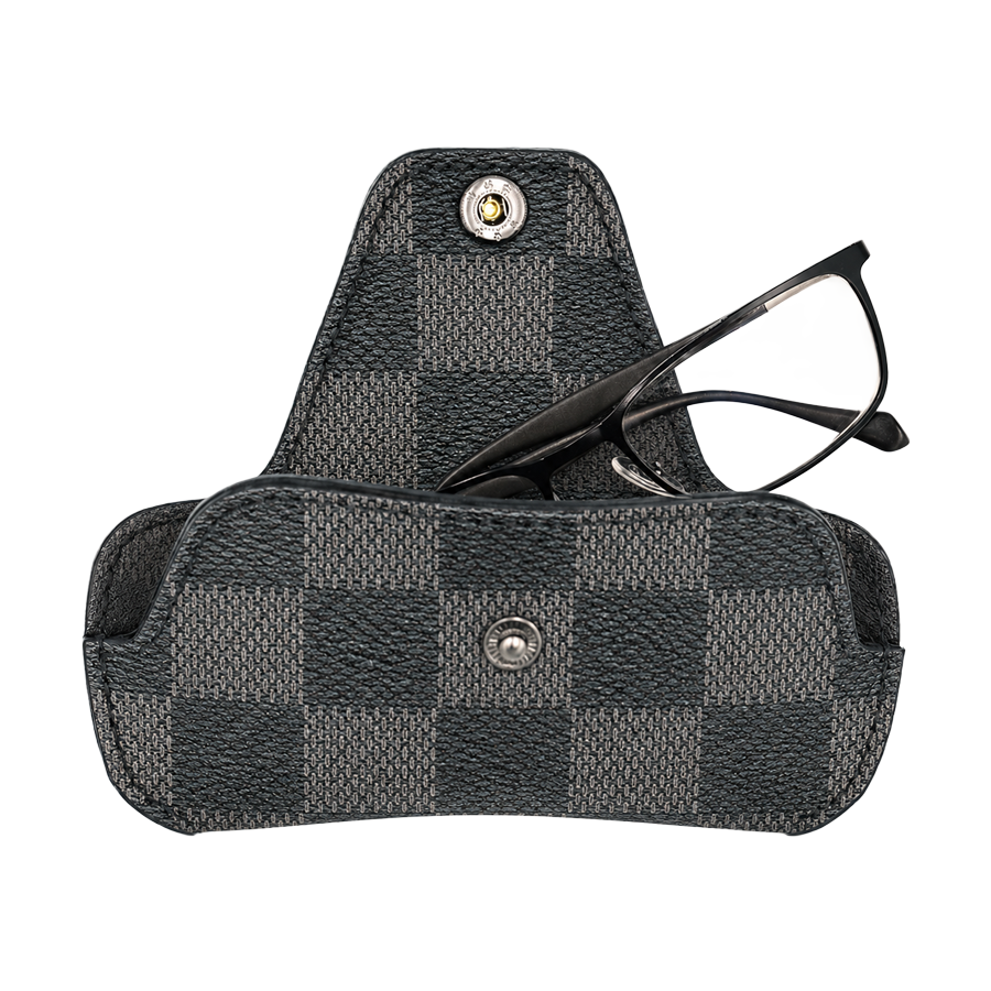 Opened version of the designer glasses case, checkered pattern